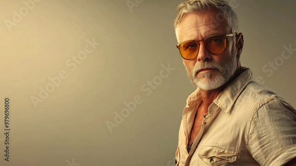 Fototapeta Retraro de hombre mayor con gafas de sol naranjas y con la camisa abierta. Posando con un aspecto atractivo, atrevido y desenfadado.