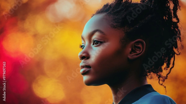 Fototapeta Retrato de una joven niña jugando al futbol con una camiseta azul en un fondo rojo y naranja. Deporte y felicidad. 