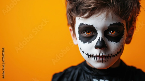 Fototapeta Retraro en primer plano de un niño en Halloween sobre fondo naranja. Niño maquillado como una calavera y con los ojos naranjas brillantes. Misterio. 
