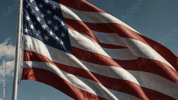 Obraz American Flag Waving Proudly Against a Blue Sky With White Clouds During a Sunny Day in the Middle of Summer
