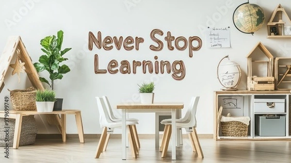 Fototapeta A white room with a brown banner that says Never Stop Learning