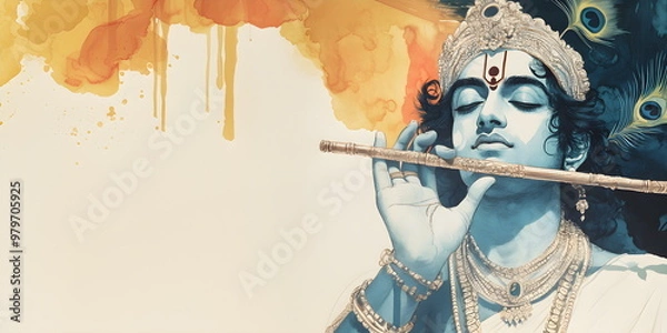 Fototapeta Happy Krishna Janmashtami, Krishna with Lord Krishna with Peacock Feather and Flute. Greeting Card, Banner with Copyspace	
