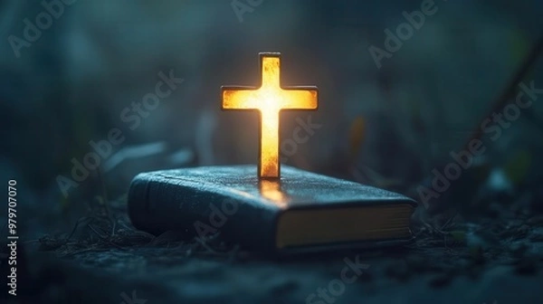 Fototapeta Bible placed at the base of a cross, glowing softly, symbolizing the foundation of Christian faith