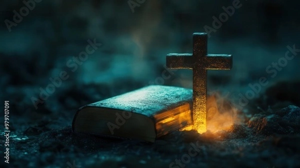 Fototapeta Bible placed at the base of a cross, glowing softly, symbolizing the foundation of Christian faith