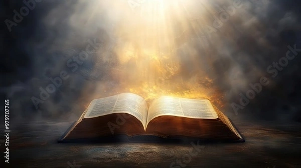 Fototapeta Bible with pages being illuminated by a beam of heavenly light, symbolizing divine revelation