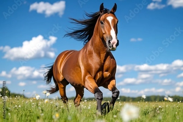 Fototapeta Farm animals like horses trotting in a paddock, their manes blowing in the wind
