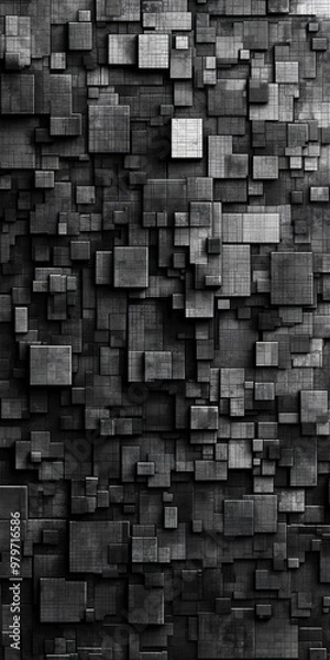 Fototapeta Monochromatic Pixelated Grid Pattern – 3D Geometric Abstract Design