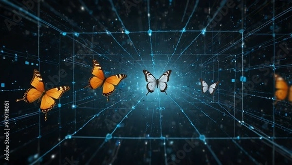 Fototapeta Futuristic network with squares and a butterfly, bird's eye view.