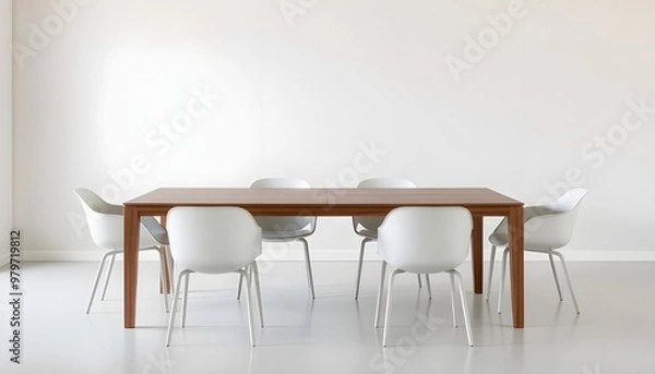 Fototapeta A serene and understated dining space featuring a sleek, low-profile dining table made of polished wood.