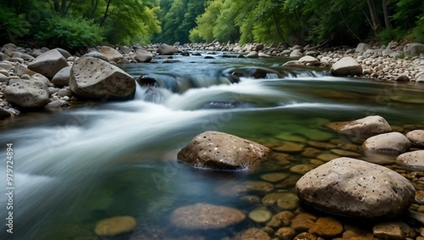 Fototapeta Gentle stream flowing over rocks in a river