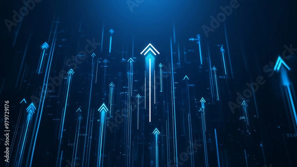 Obraz Set of bright blue arrows pointing upward on a dark blue background. For progress, achievement, increase, upward, and business growth concepts.