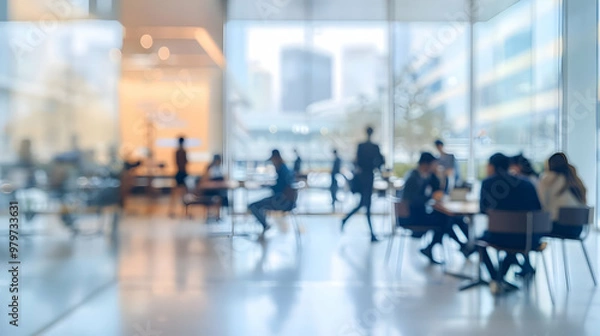 Fototapeta Blurred Abstract Background of People in a Modern Office Building, with a Large Window Looking Out onto the City Skyline, Creating a Sense of Movement and Activity