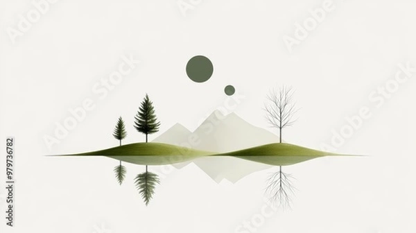 Obraz A serene minimalist landscape with a small mountain range, three trees, and two circles in the sky, all reflected in a still body of water.