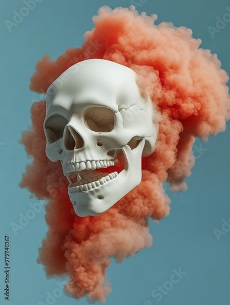 Fototapeta A white skull emerges from a swirling cloud of pink smoke, representing the ephemeral nature of life, the mystery of death, and the power of transformation.