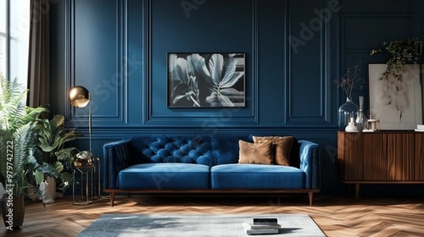 Obraz Stylish interior showcasing a blue velvet sofa against a deep blue wall, accented by modern decor and natural greenery.