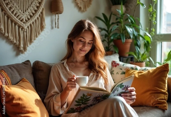 Fototapeta A serene woman sits comfortably in a cozy home setting with warm lighting, reading a book and sipping coffee, capturing the essence of relaxation and leisure.
