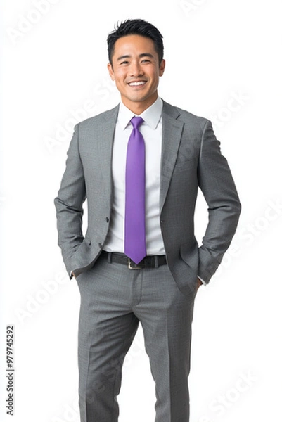 Obraz A confident Asian businessman in grey suit and purple tie stands with smile, exuding professionalism and approachability. His attire reflects modern business style, perfect for corporate settings