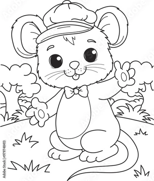 Fototapeta Coloring page outline of the cartoon smiling cute mouse. Colorful vector illustration, summer coloring book for kids.