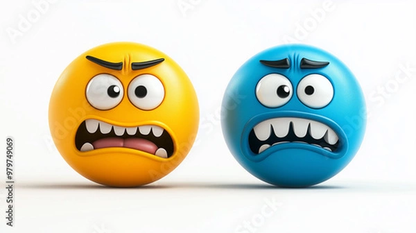 Fototapeta 3d stickers in the form of smiley faces with opposite emotions, one happy, the other sad, matte surface, high detail, round shapes, various colors