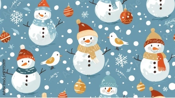 Fototapeta seamless christmas pattern with snowmen and birds on blue background for printing, wrapping paper, textile design
