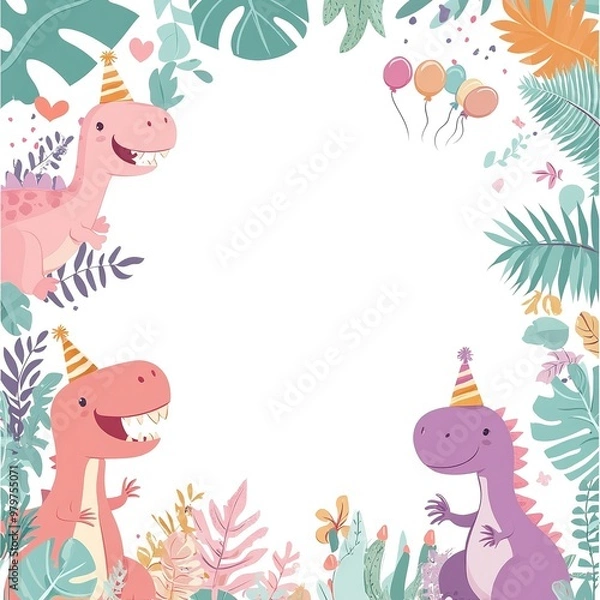 Fototapeta A playful dinosaur-themed background for invitations, featuring colorful dinosaurs, greenery, and a central blank area for text.


