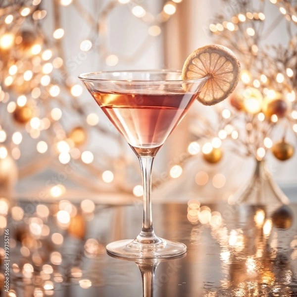 Fototapeta Cocktail glass with lemon slice, festive mood, on blurred bokeh lights background, copy space
