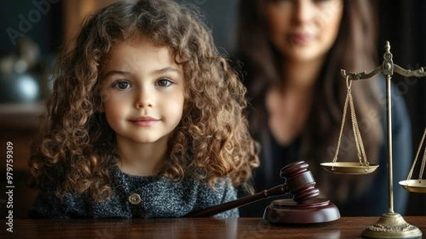 Fototapeta Cute child and mother at table with gavel of judge blurred in background, family law concept
