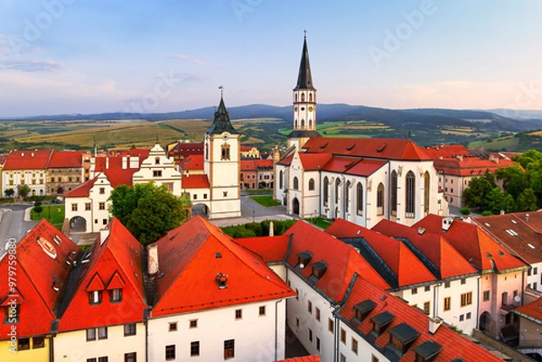 Fototapeta Aerial view of the historical center of Levoca (Slovakia) with two important monuments - the Basilica of St. James and the city hall