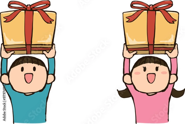 Obraz プレゼントを持った男女子供イラストのセット