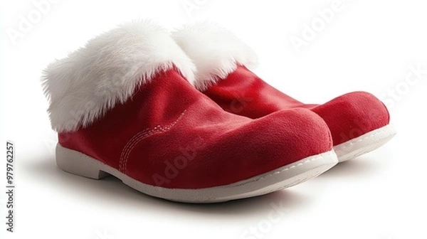 Fototapeta Two red clown shoes with white fur on the toes