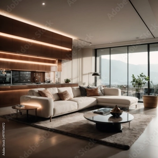 Fototapeta Modern living room with cozy sofa and elegant decor in a bright, spacious atmosphere
