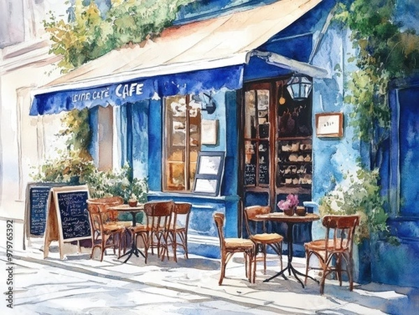 Fototapeta Blue cafe with tables, chairs, and a menu board.