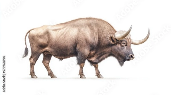 Obraz A large brown bull with horns is walking across a white background