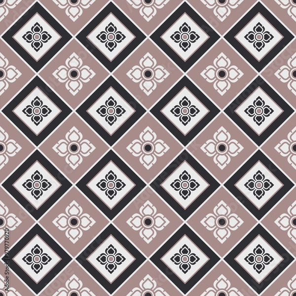Fototapeta Elegant geometric pattern with floral motifs in mauve, black, and white. Seamless diamond pattern flowers. Vintage-inspired tile design pattern. Decorative retro pattern for textiles or wallpaper.