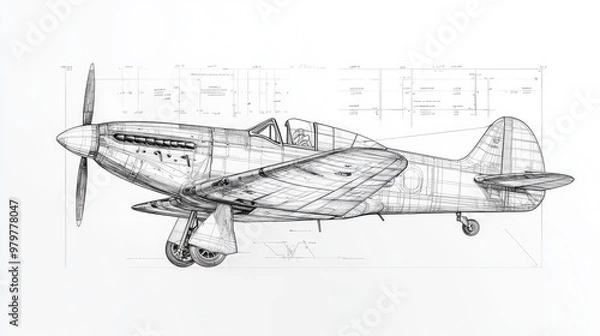 Fototapeta Detailed schematic diagram of a Spitfire fighter aircraft showcasing intricate design elements