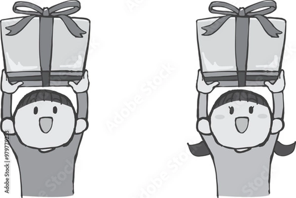 Obraz プレゼントを持った子どもの手描きイラスト 男女セット モノクロ