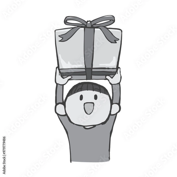 Obraz プレゼントを持った男の子の手描きイラスト モノクロ