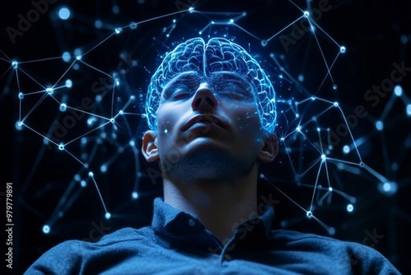 Fototapeta Man surrounded by glowing orange particles symbolizing introspection digital creativity and cognitive expansion