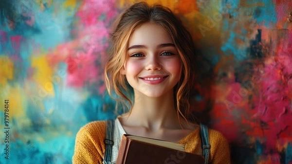 Fototapeta A cheerful girl smiles brightly as she holds a book, standing against a vibrant, abstract background, symbolizing the joy of learning and youthful energy.