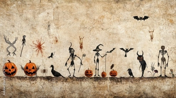 Obraz Halloween Spooky Wall Art    Grunge Texture with Bats  Pumpkins and Skeletons
