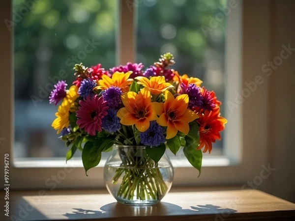 Obraz Vibrant bouquet illuminated by natural light with a window background.