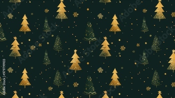 Fototapeta seamless christmas pattern golden fir trees on dark green background, for printing on fabric, wrapping paper and decor