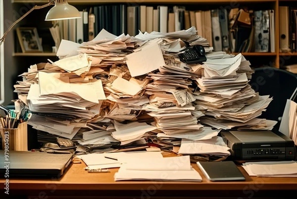 Fototapeta A chaotic office scene featuring a towering pile of disorganized paperwork and cluttered workspace, representing overwhelming tasks.