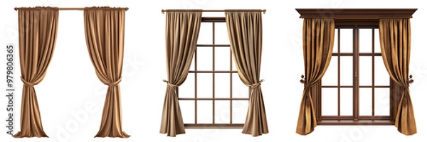 Fototapeta Set of A window with brown curtains, isolated on a transparent background.