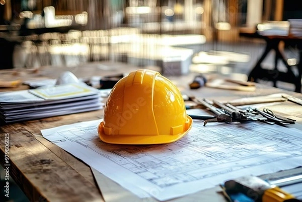 Fototapeta A yellow hard hat rests on architectural plans, symbolizing construction, safety, and design in a workspace.