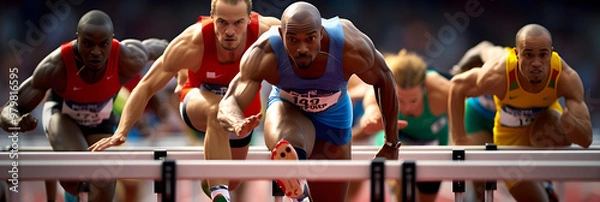 Fototapeta A Thrilling Snapshot of Athletes in Mid-Action During an Intense Hurdles Race