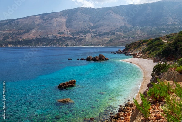 Obraz Beautiful Vouti beach with turquoise sea in nice sunny weather, Kefalonia island on the Ionian sea