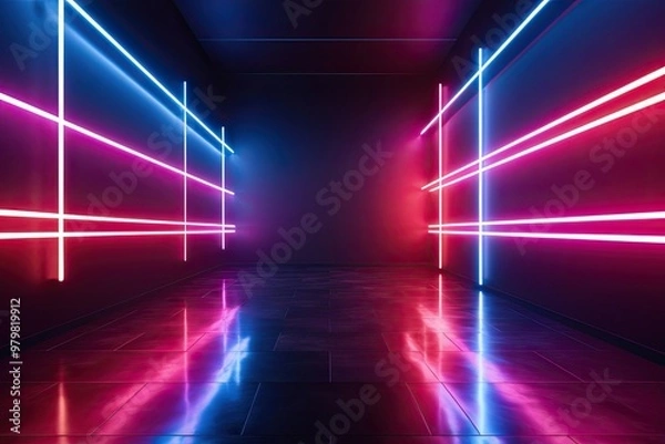 Fototapeta 3D Rendering of a Surreal Landscape with Rocky Mountains and Dynamic Neon Lines in Motion