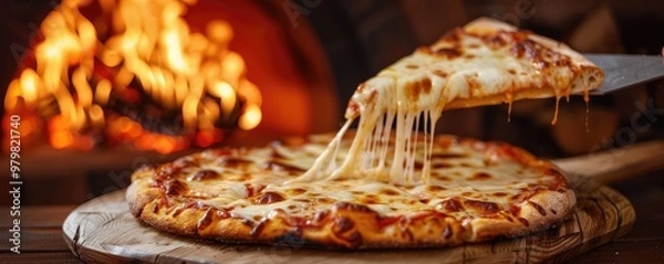 Obraz pizza with gooey cheese being served with a wood-fired oven in the background.
