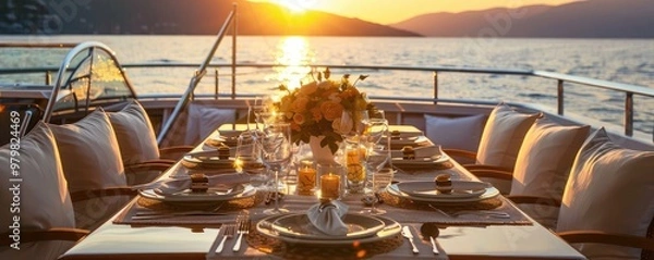 Obraz An elegant table setting is arranged on a yacht's deck, with the sun setting in the background, creating a romantic atmosphere.